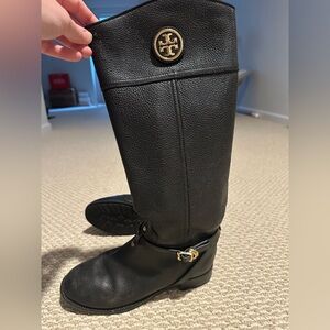 Tory Burch Black Leather Over-the-Knee Riding Boots with Gold Logo